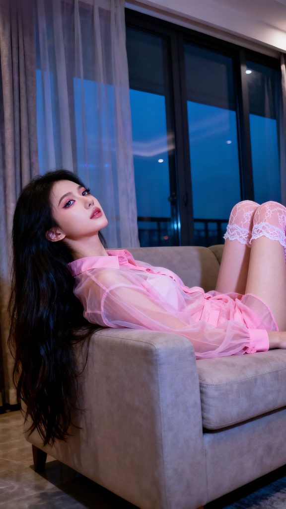 图片[1]-甜系少女·粉色透视蕾丝穿搭 室内夜景唯美写真-极乐园